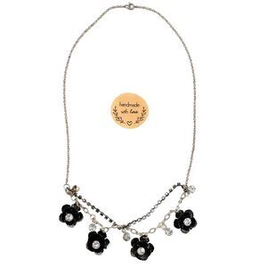 Handcrafted Silver Chain Black & Silver Floral Charm Necklace Single Clasp